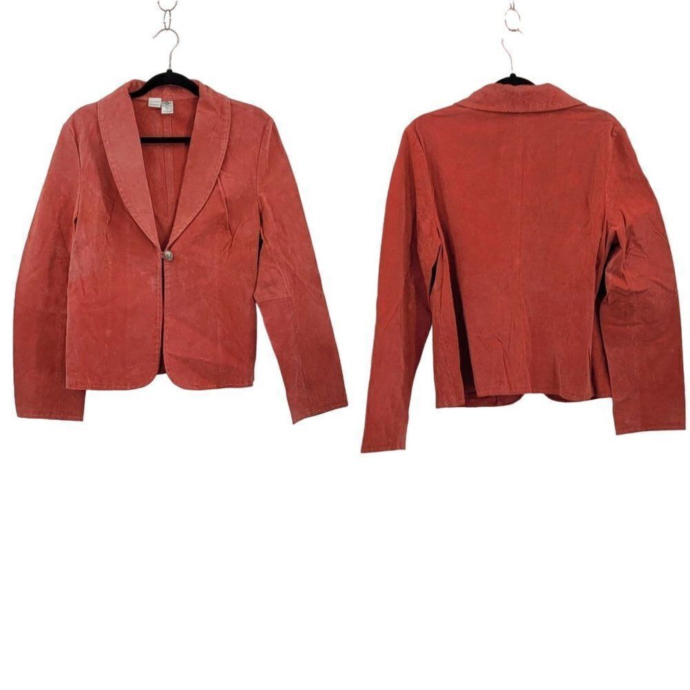 New Sage Leather Blazer Jacket L Coral Lightweight Open One Button Shawl Collar